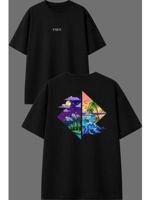 Vsrn Gece ve Gündüz Tasarım Ön Arka Baskılı Siyah Oversize T Shirt