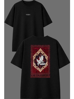 Vsrn Iki Beyaz Kuş Etnik Tasarım Ön Arka Baskılı Siyah Oversize T Shirt