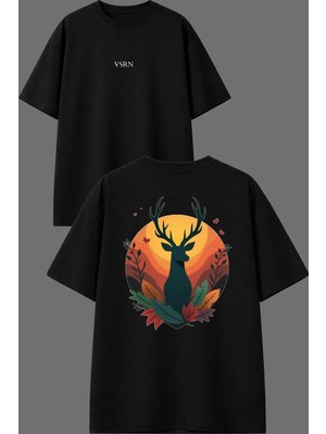 Vsrn Manzara Geyik Tasarım Ön Arka Baskılı Siyah Oversize T Shirt