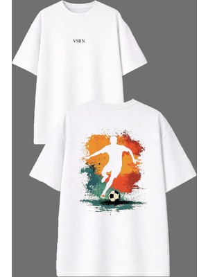 Vsrn Genç Futbolcu Tasarım Ön Arka Baskılı Beyaz Oversize T Shirt