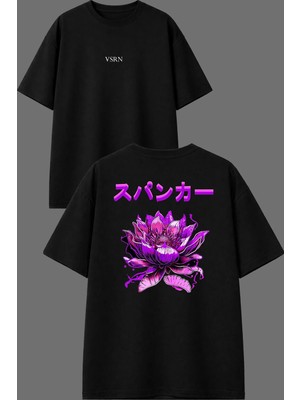 Vsrn Mor Çiçek Tasarım Ön Arka Baskılı Siyah Oversize T Shirt