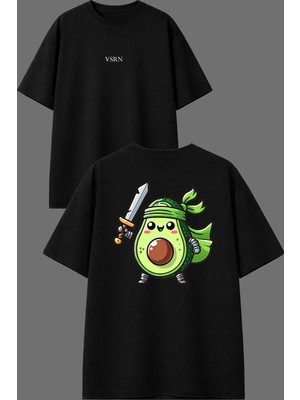 Vsrn Savaşçı Avakado Tasarım Ön Arka Baskılı Siyah Oversize T Shirt
