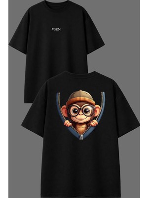 Vsrn Tatlı Maymun Tasarım Ön Arka Baskılı Siyah Oversize T Shirt