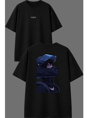 Vsrn Yakışıklı Anime Motorcu Tasarım Ön Arka Baskılı Siyah Oversize T Shirt