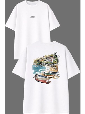 Vsrn Sandallar Manzara Tasarım Ön Arka Baskılı Beyaz Oversize T Shirt
