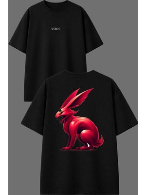 Vsrn Vahşi Tavşan Tasarım Ön Arka Baskılı Siyah Oversize T Shirt
