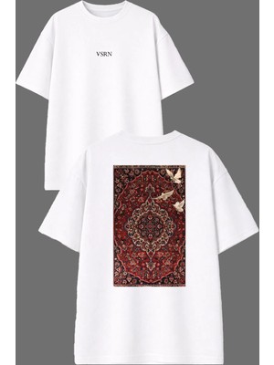 Vsrn Kuş Etnik Halı Tasarım Ön Arka Baskılı Beyaz Oversize T Shirt