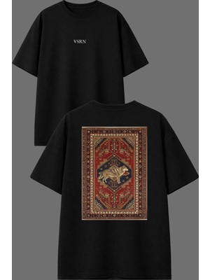 Vsrn Kurt Detaylı Halı Tasarım Ön Arka Baskılı Siyah Oversize T Shirt