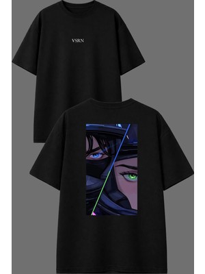 Vsrn Mavi ve Yeşil Motorcu Tasarım Ön Arka Baskılı Siyah Oversize T Shirt