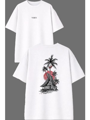 Vsrn Sahil Ev Tasarım Ön Arka Baskılı Beyaz Oversize T Shirt