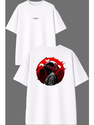 Vsrn Yuvarlak Motorcu Kuşlar Tasarım Ön Arka Baskılı Beyaz Oversize T Shirt