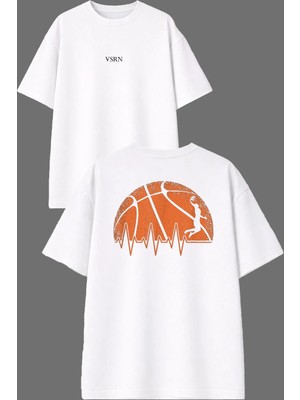 Vsrn Basketbal Nabız Tasarım Ön Arka Baskılı Beyaz Oversize T Shirt