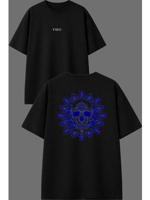 Vsrn Desenli Mavi Iskelet Tasarım Ön Arka Baskılı Siyah Oversize T Shirt