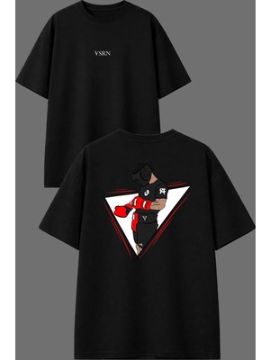 Vsrn Boksör Tasarım Ön Arka Baskılı Siyah Oversize T Shirt