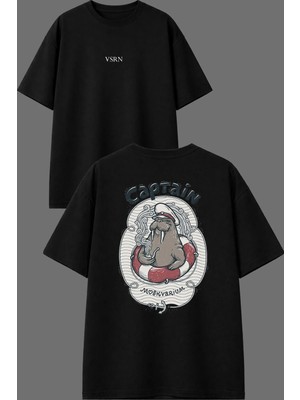 Vsrn Deniz Aslanı Tasarım Ön Arka Baskılı Siyah Oversize T Shirt