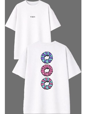 Vsrn 3 Yuvarlak Tasarım Ön Arka Baskılı Beyaz Oversize T Shirt