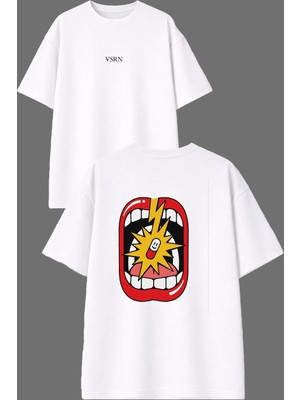 Vsrn Çılgın Ağız Tasarım Ön Arka Baskılı Beyaz Oversize T Shirt