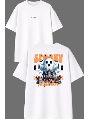 Vsrn Hayalet Korkunç Tasarım Ön Arka Baskılı Beyaz Oversize T Shirt