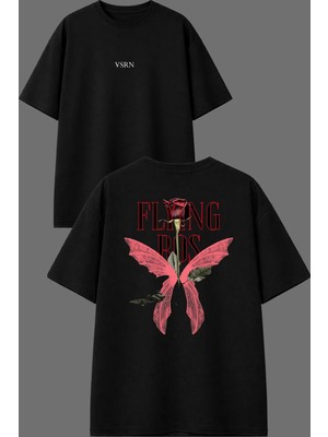 Vsrn Fly Ros Tasarım Ön Arka Baskılı Siyah Oversize T Shirt