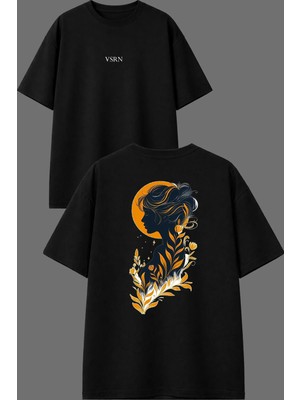 Vsrn Huzurlu Hayat Tasarım Ön Arka Baskılı Siyah Oversize T Shirt