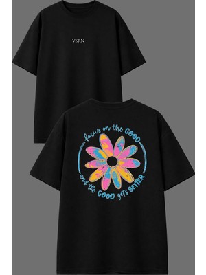 Vsrn Focus Good Tasarım Ön Arka Baskılı Siyah Oversize T Shirt