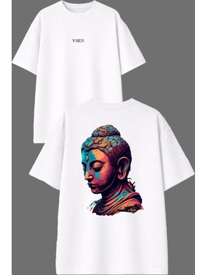 Vsrn Renkli Heykel Tasarım Ön Arka Baskılı Beyaz Oversize T Shirt