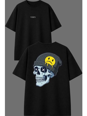Vsrn Bereli Iskelet Tasarım Ön Arka Baskılı Siyah Oversize T Shirt