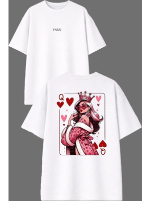 Vsrn Prenses Iskambil Tasarım Ön Arka Baskılı Beyaz Oversize T Shirt
