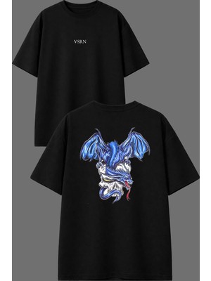 Vsrn Blue Çizim Ejderha Tasarım Ön Arka Baskılı Siyah Oversize T Shirt