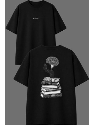 Vsrn Kitap Eşittir Beyin Tasarım Ön Arka Baskılı Siyah Oversize T Shirt