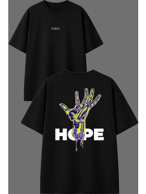 Vsrn Metalik El Tasarım Ön Arka Baskılı Siyah Oversize T Shirt