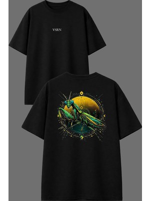 Vsrn Robot Çekirge Tasarım Ön Arka Baskılı Siyah Oversize T Shirt