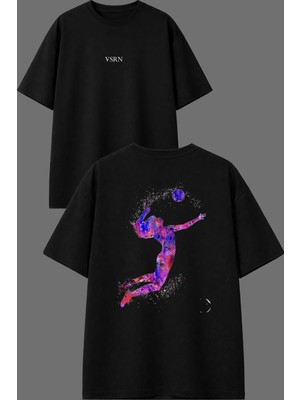 Vsrn Smaç Voleybol Tasarım Ön Arka Baskılı Siyah Oversize T Shirt