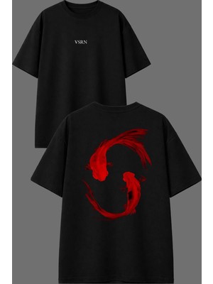 Vsrn Kırmızı Koi Balıkları Tasarım Ön Arka Baskılı Siyah Oversize T Shirt