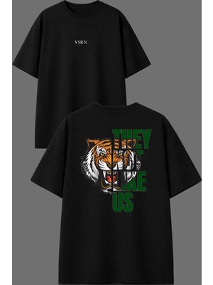 Vsrn Tiger They Tasarım Ön Arka Baskılı Siyah Oversize T Shirt