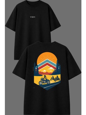 Vsrn Gün Batımı Motor Turu Tasarım Ön Arka Baskılı Siyah Oversize T Shirt
