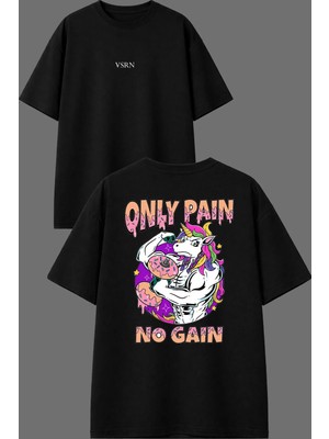Vsrn Kaslı At Tasarım Ön Arka Baskılı Siyah Oversize T Shirt