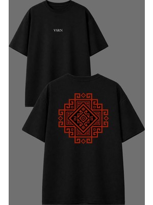 Vsrn Kare Kilim Tasarım Ön Arka Baskılı Siyah Oversize T Shirt