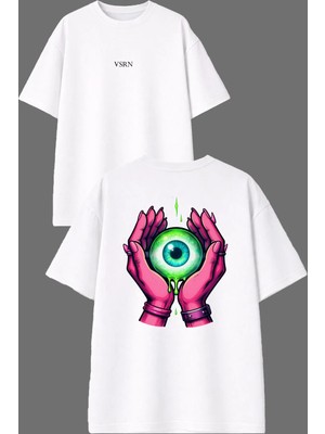 Vsrn Mor Eller Tasarım Ön Arka Baskılı Beyaz Oversize T Shirt