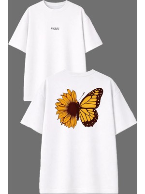 Vsrn Papatya Kelebek Tasarım Ön Arka Baskılı Beyaz Oversize T Shirt