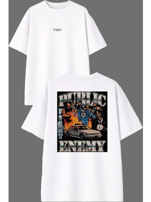 Vsrn Publıc Tasarım Ön Arka Baskılı Beyaz Oversize T Shirt