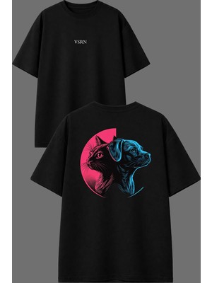 Vsrn Kedi ve Köpek Tasarım Ön Arka Baskılı Siyah Oversize T Shirt