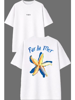 Vsrn Parla Deniz Tasarım Ön Arka Baskılı Beyaz Oversize T Shirt