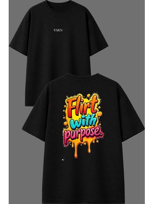 Vsrn Flirt With Tasarım Ön Arka Baskılı Siyah Oversize T Shirt
