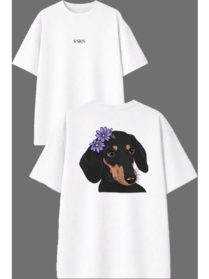 Vsrn Çiçekli Köpek Tasarım Ön Arka Baskılı Beyaz Oversize T Shirt