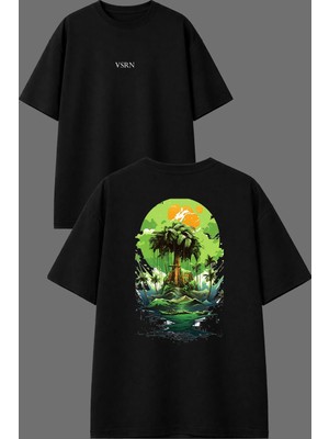 Vsrn Yemyeşil Doğa Tasarım Ön Arka Baskılı Siyah Oversize T Shirt