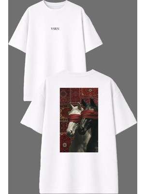 Vsrn Gözleri Bağlı At Halı Tasarım Ön Arka Baskılı Beyaz Oversize T Shirt