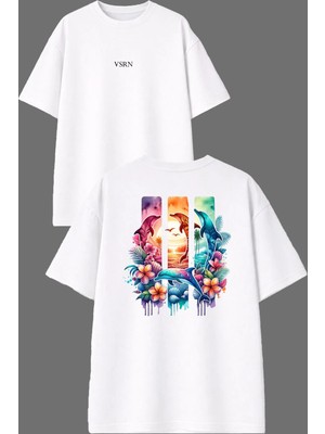 Vsrn 3 Yunus Tasarım Ön Arka Baskılı Beyaz Oversize T Shirt