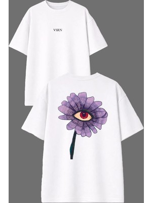 Vsrn Gözlü Çicek Tasarım Ön Arka Baskılı Beyaz Oversize T Shirt