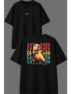 Vsrn Capybara Capybara Tasarım Ön Arka Baskılı Siyah Oversize T Shirt